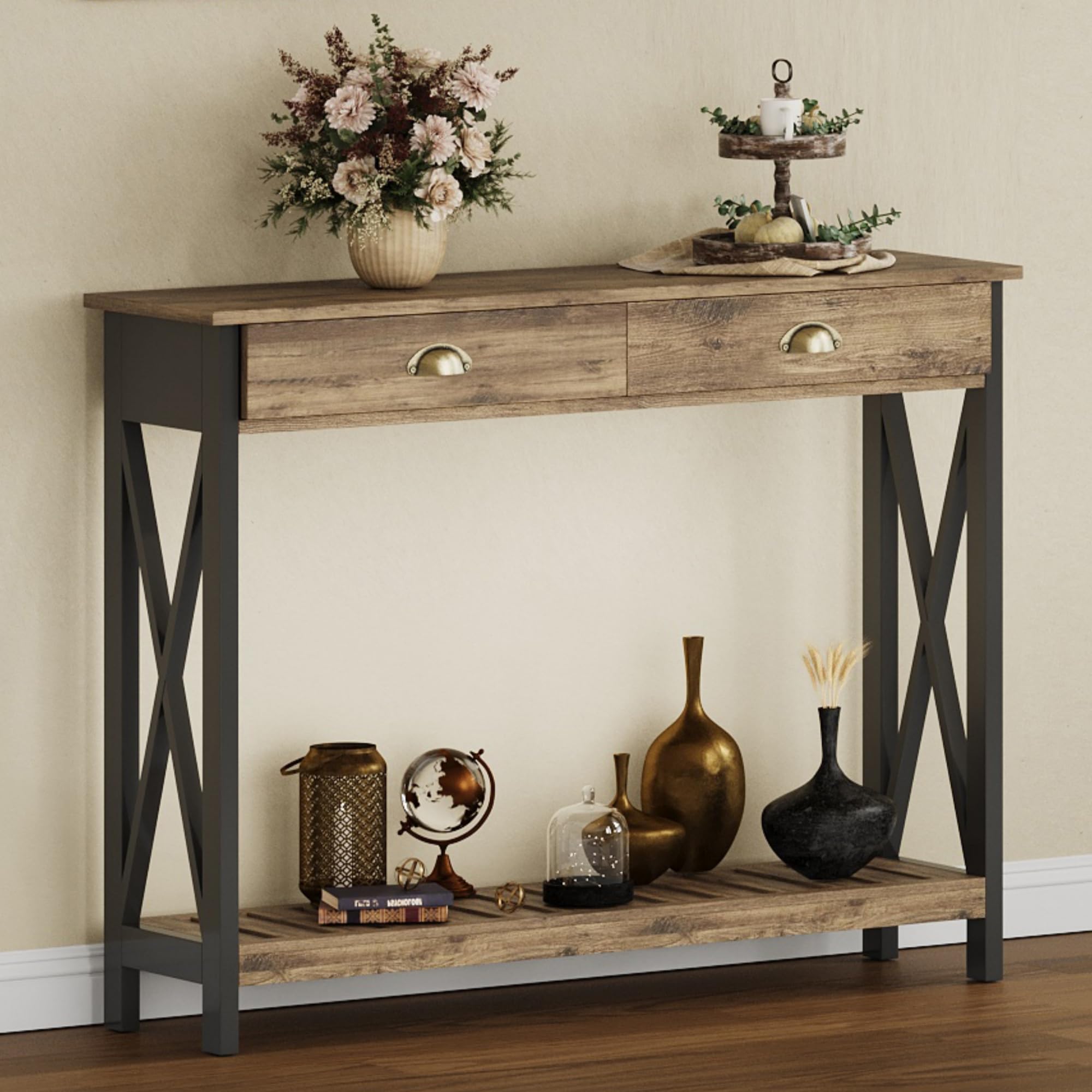 ChooChoo 47" Farmhouse Console Table with Drawer for Entryway, Narrow Long Entry Table with Shelf for Living Room, Rustic Vintage Hallway Sofa Table with Stable X Supports, Rustic Oak & Black Image
