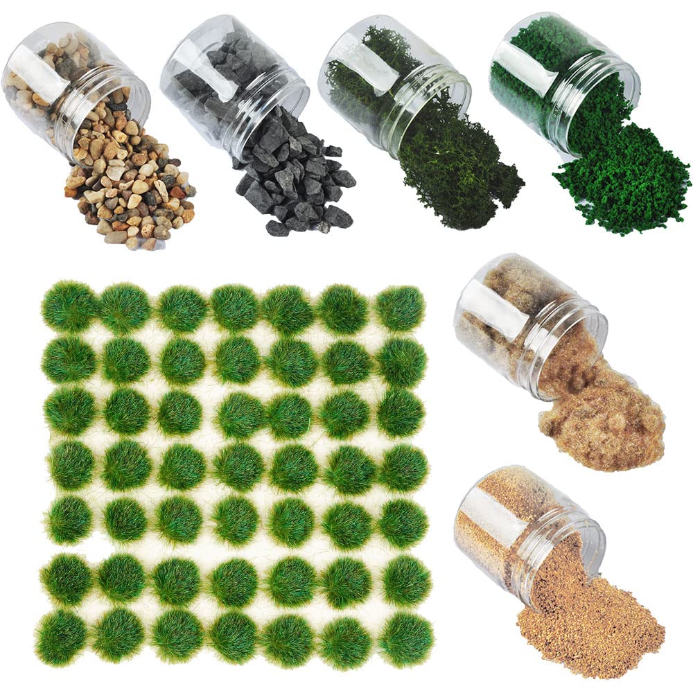 6X100ML Bottle Scenery Materials+49PCS Woodland Tuft War Wild Forest Scenery Basing Material Kit Set for Railway Railroad Wargame Layout Scenery