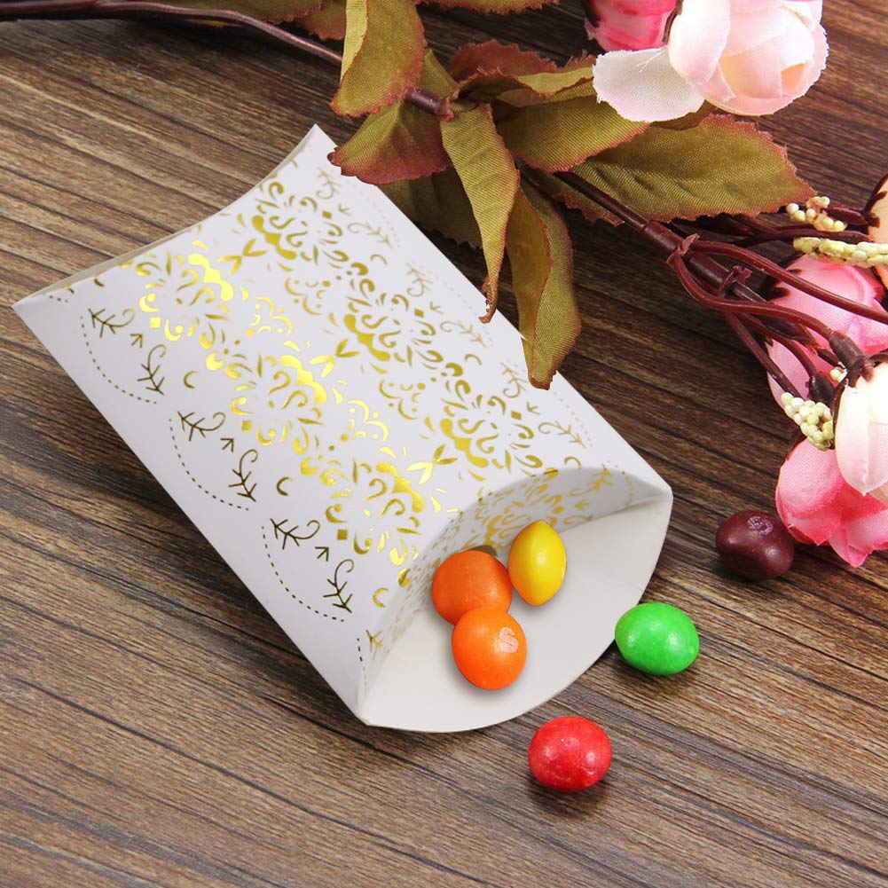 100pcs Gold Pillow Box,Kraft Paper Pillow Boxes Candy Treat Gift Boxes for Wedding Bridal Shower Baby Shower Birthday Party Supplies