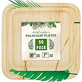Palm Leaf Plates 10 Inch & 7 Inch (50-Pack), Square Bamboo Plates Disposable, Eco-Friendly, Biodegradable & Compostable Bamboo Appetizer Plates, Perfect Dinnerware for Desserts, Snacks, & Parties