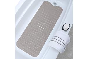 SlipX Solutions Power Grip Extra Long Bath Tub & Shower Mat 39x16, Wet Floor Non-Slip for Elderly & Kids Bathroom, 30% Longer Bathtub Mats, 200 Suction Cups, Drain Holes, Machine Wash, Tan
