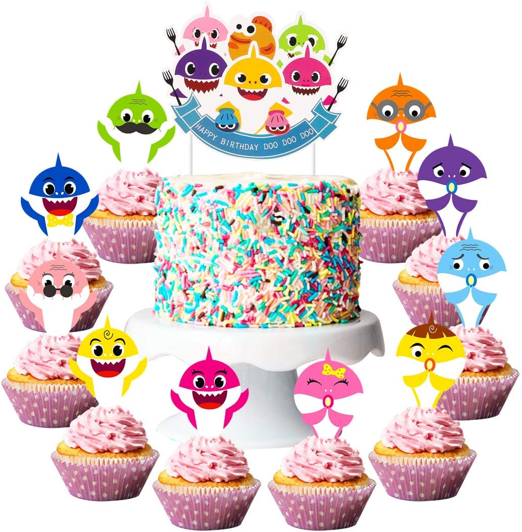 Ticiaga Little Shark Birthday Cake Topper, Doo Doo Shark Happy Birthday Cake Topper, 30pcs Shark Family Cupcake Toppers, Cute Doo Doo Party Supplies for Kids Birthday Party Decoration with Card Board