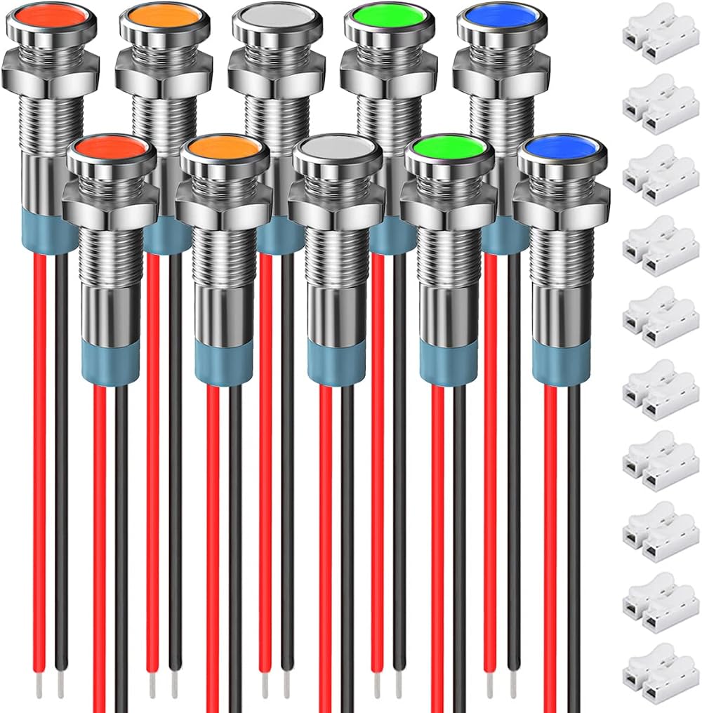 Xiatiaosann 10x 6mm 12-24V LED Indicator Light 5 Color Waterproof Metal Panel