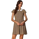 Allegra K Women's Peter Pan Collar Short Sleeves Contrast A-Line Polka Dots Dress