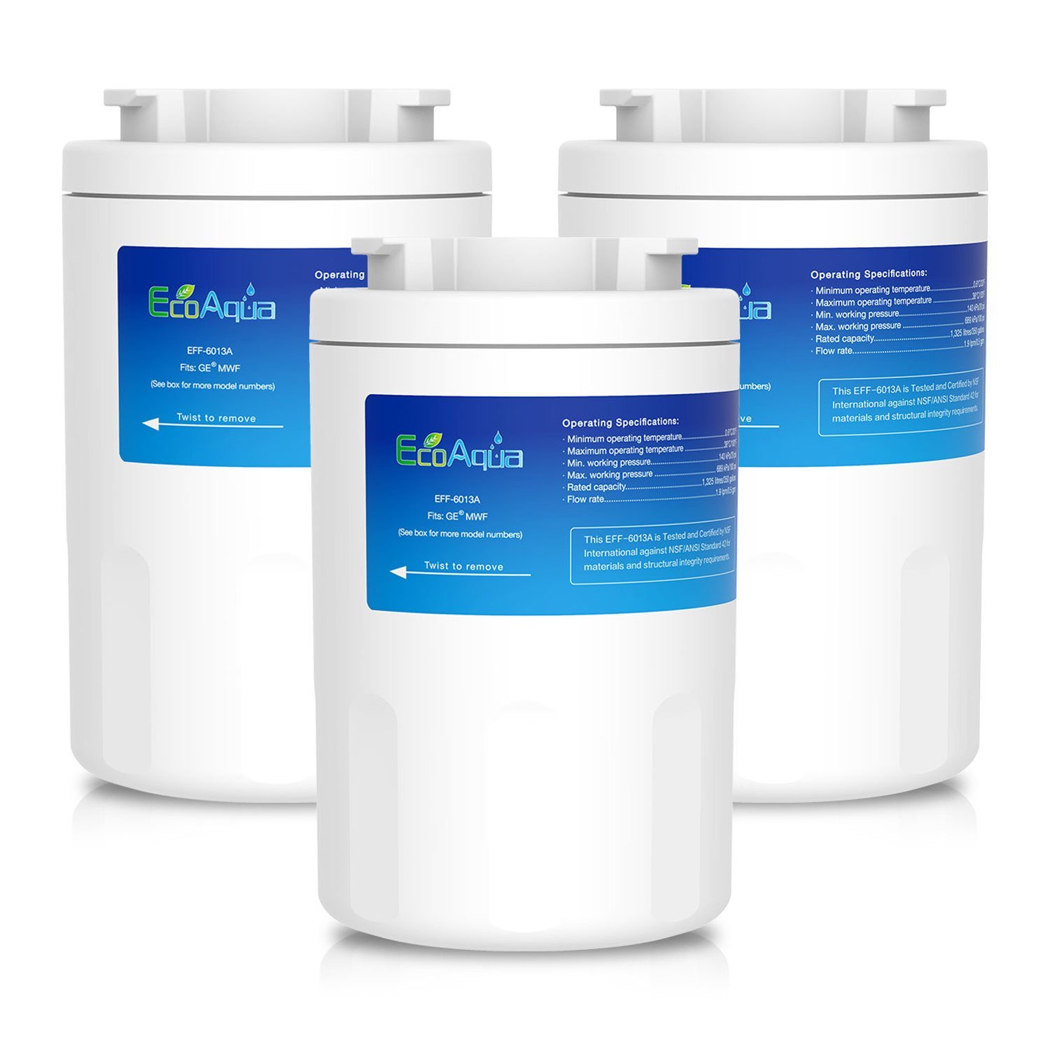 EcoAqua EFF-6013A Fridge Water Filter Compatible with GE SmartWater MWF, MWFA, MWFA, MWFAP, MWFDS, MWF-INT, MWFP; Hotpoint HWF, HWFA; 101057A, 1013000110, 101300A, GWF, GWF01, GWF06, GWFA, GWFDS (3)