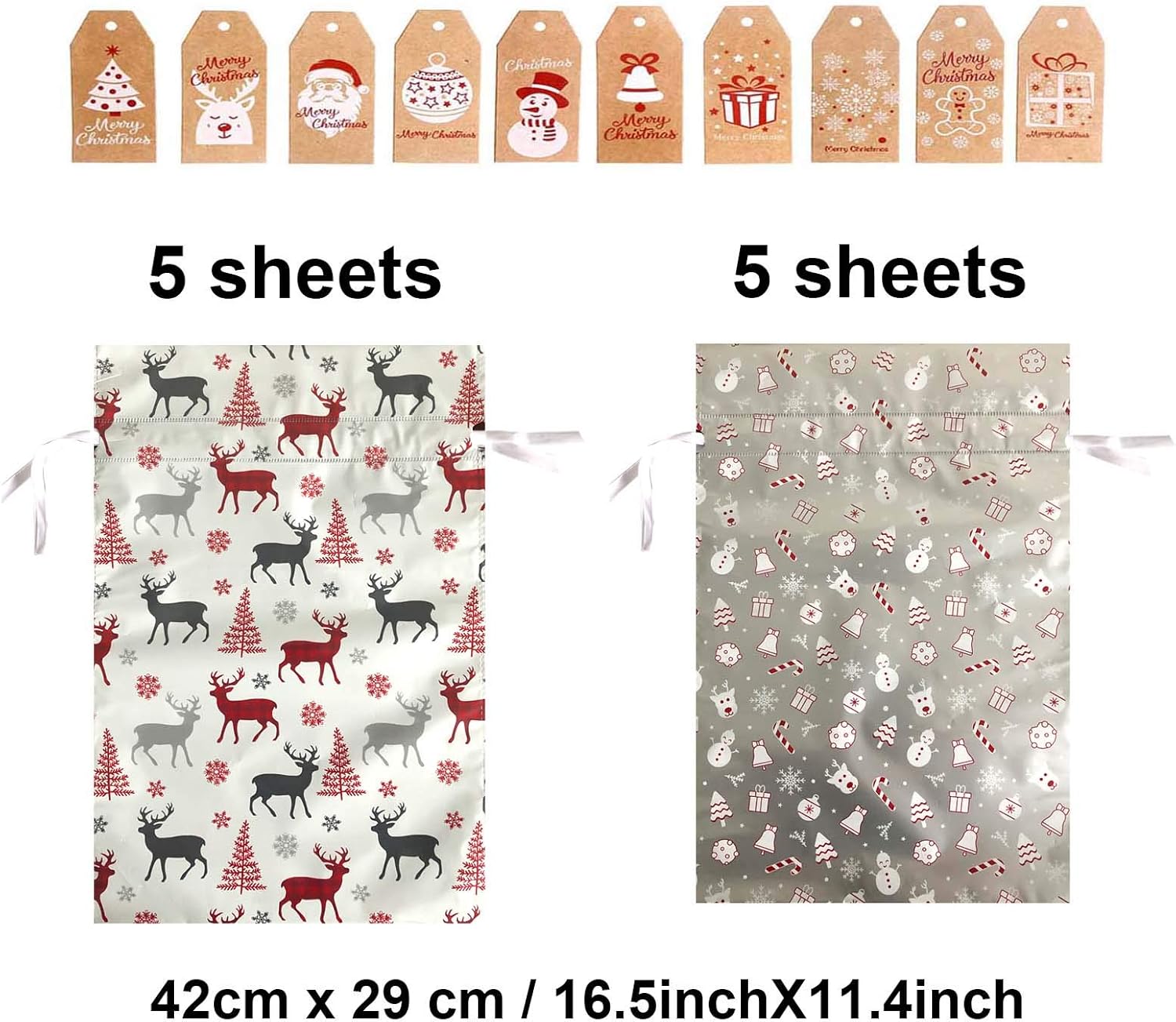 Christmas Wrapping Drawstring Gift Bags,10PCS Xmas Wrapping Bags Medium (16.5inX11.4in),Christmas Foil Drawstring Presents Bags - Image 3