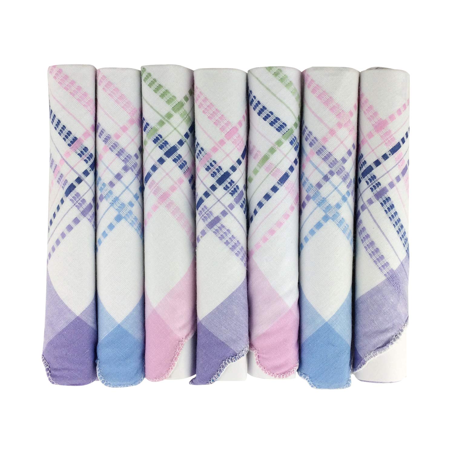 7 Pack Ladies 100% Cotton Coloured Woven Border Satin Handkerchiefs In Gift Box