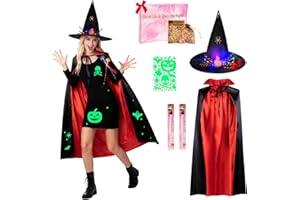 QDVDQ Light-Up Halloween Bundle costumes,Glow Spider Witch hats & Cape, Night Glow Decals, LED Hair Clips, Halloween Candy Bag & Gift Box for Spook Night Witch