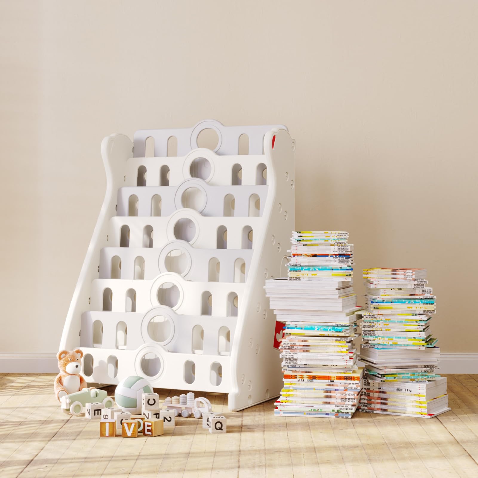 Deer COCO Kids Bookshelf for Toddlers, 7 Tier White Bookcase for Kids Bedroom/Nursery/Classroom, Corner Bookshelf Book Storage Organization Montessori Baby Book Storage Shelf (Grey-7-Tier Bookcase)