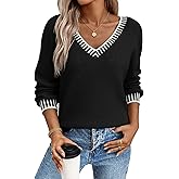 Dokotoo Womens Sweaters Casual V Neck Long Sleeve Contrast Knit Pullover Sweater Solid Fall Outfits Tops