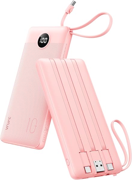 VRURC Portable Charger Power Bank, Built-in 4 Cables & 2 Ports,10000mAh Slim Battery Pack with LED Display, Travel Essential