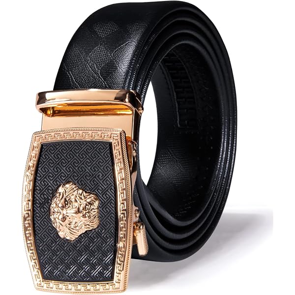 Men's Automatic Ratchet Belt - Real Leather With Gold Buckle, One Size Fits Most, Black