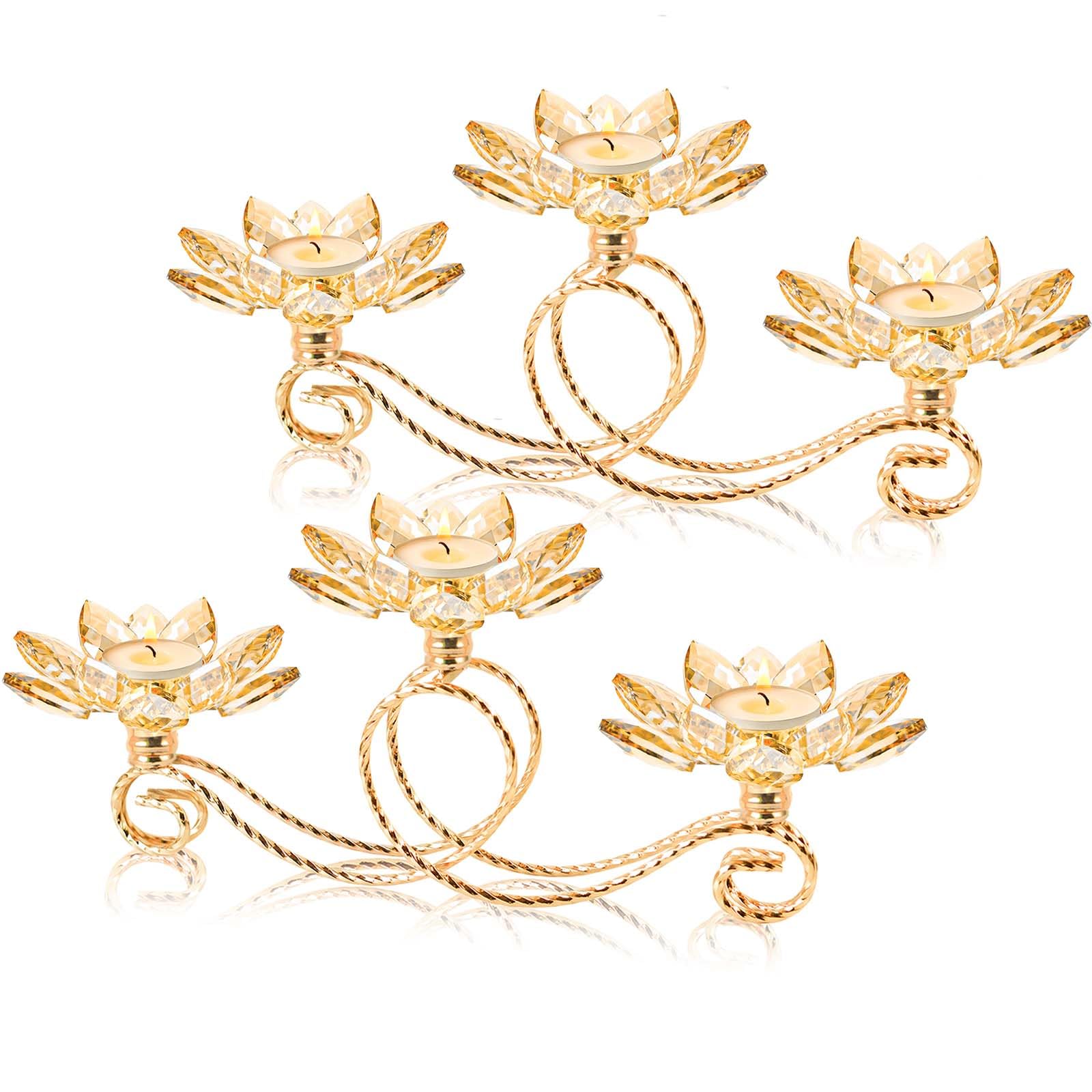Photo 1 of 2Pcs Gold Kehail Crystal Metal Tea Light Candle Holder Set, 3-Arm Flower Shaped Crystal Votive Candlestick Holders for Table Centerpiece, Wedding Shower, Party and Home Decor