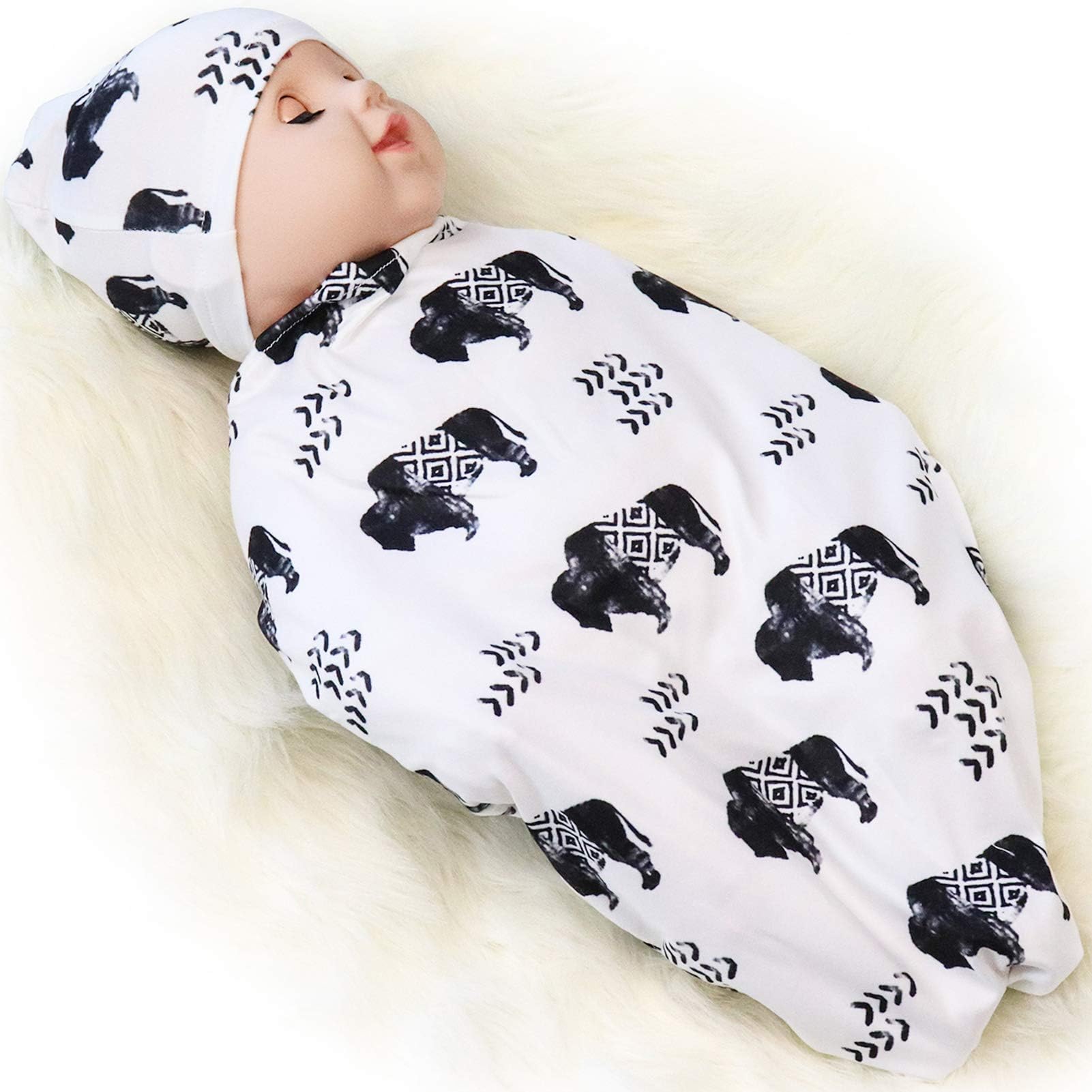 Newborn Swaddle Blanket with Beanie Set,Soft Stretchy Blanket for 0-3 Months Baby Boys and Girls(Bison)