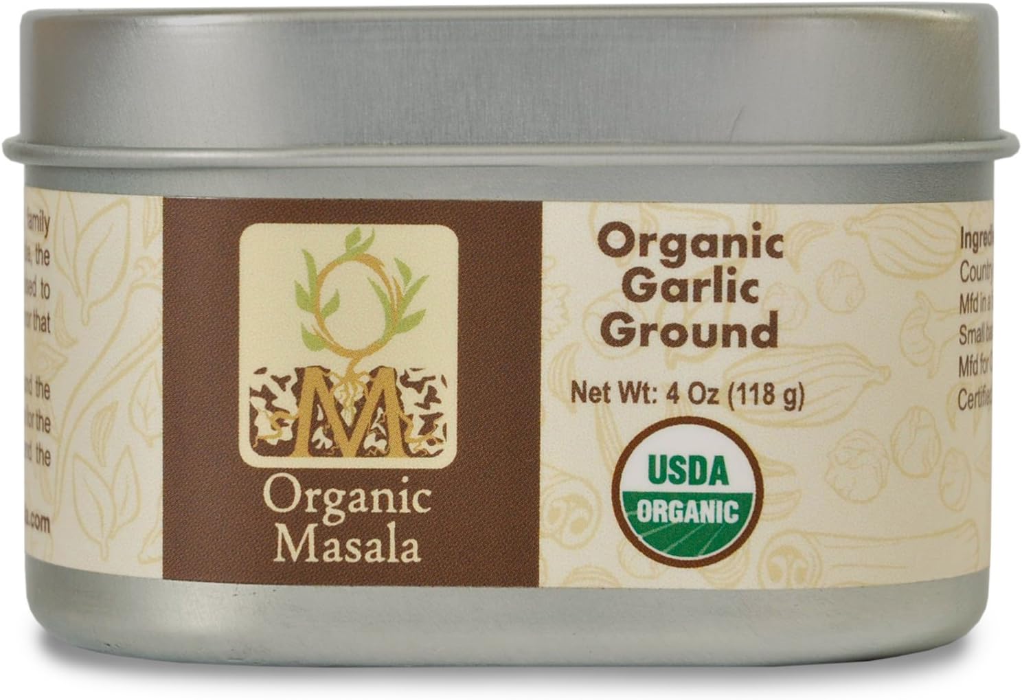 Organic Garlic Powder 4 oz Organic spice to enhance your meal and provide the health benefits of garlic. Presented in tin to preserve freshness and keep out daylight.