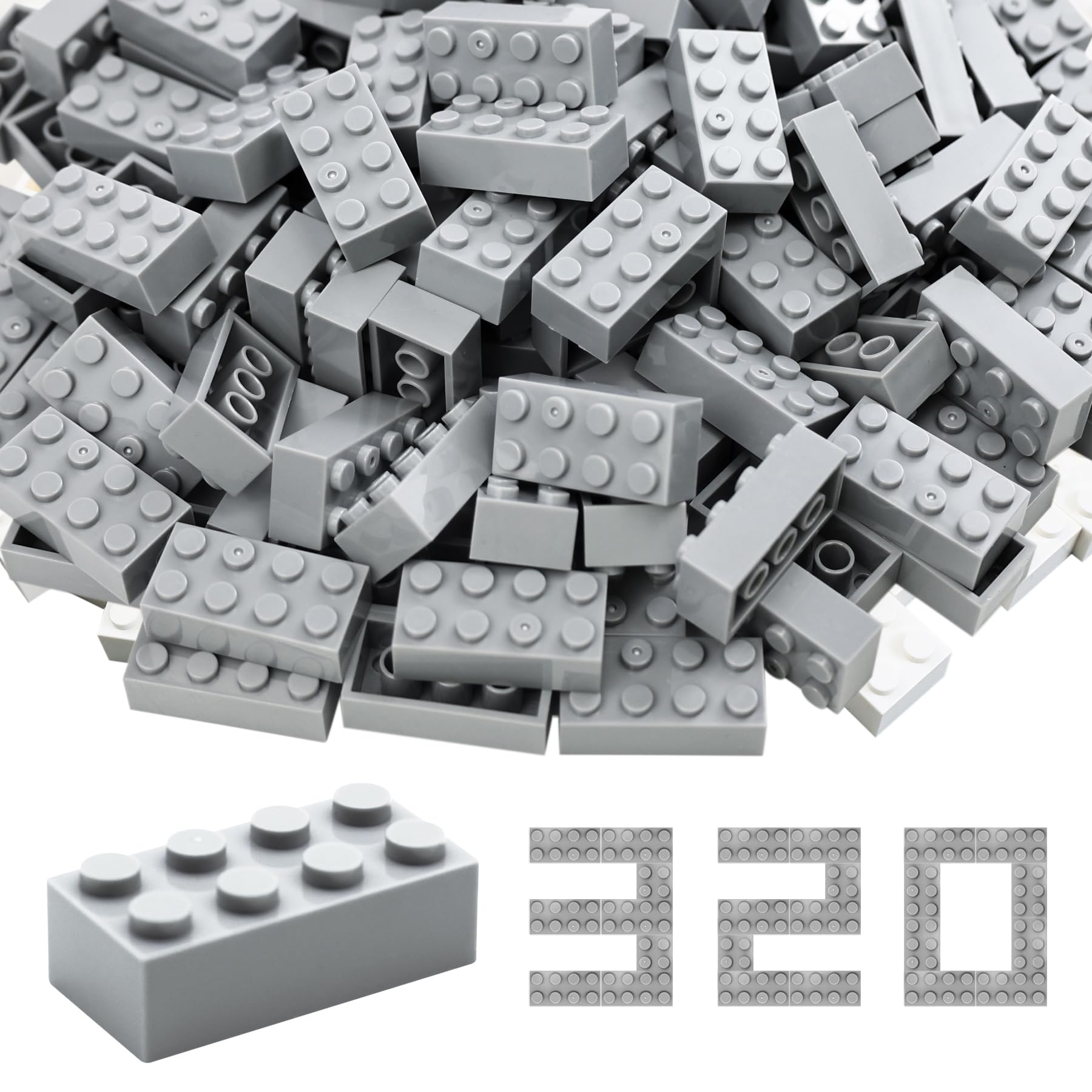 WYSWYG Building Bricks 2x4 Stud 320 Pcs, Grey, Classic Building Blocks Set, Compatible with Construction Building Blocks.