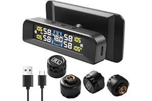 BasaltAuto 4-Sensor TPMS: Tire Pressure Monitoring System, 6 Smart Safety Alerts, Adaptive Bright LCD, Solar/USB Charging, 0-6 Bar/87 PSI, Easy to Intall on Windshield for Car SUV MPV RV Truck