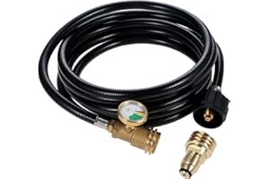 DRELD 12 Feet Propane Extension Hose with Gauge, Adapter Converts POL 100 lb LP Tank to Male QCC1 / Type1, Fit for RV, Gas Grill, Heater, Fire Pit and Most Propane Appliances