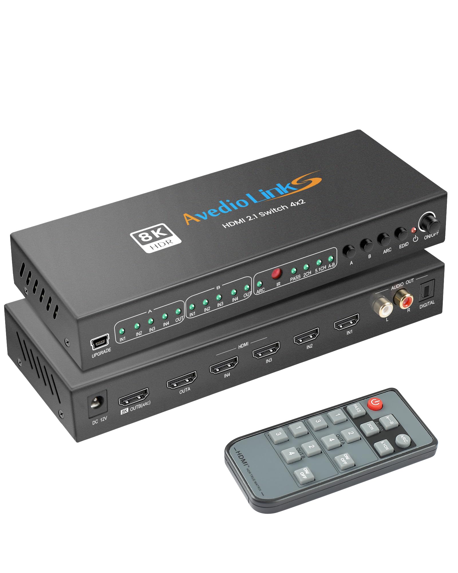 Photo 1 of 4x2 HDMI 2.1 Matrix Switch, 8K@60Hz, 4K@120Hz HDMI Switch 4 in 2 Out Support HDR10, HDCP 2.3, 4 Input 2 Output Splitter with ARC, Optical & Analog Audio Extractor, Auto-Scaling, IR Remote Control