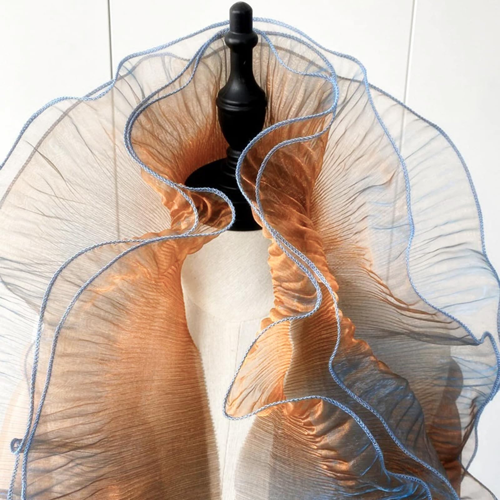 URROMA Retro Ruffle Pleated Chiffon Trim, 3 Yards Blue Gold Single Lock Edge Pleated Satin Lace Ribbon Fabric Applique Trimming Craft Sewing Clothing Dress Bag Decoration