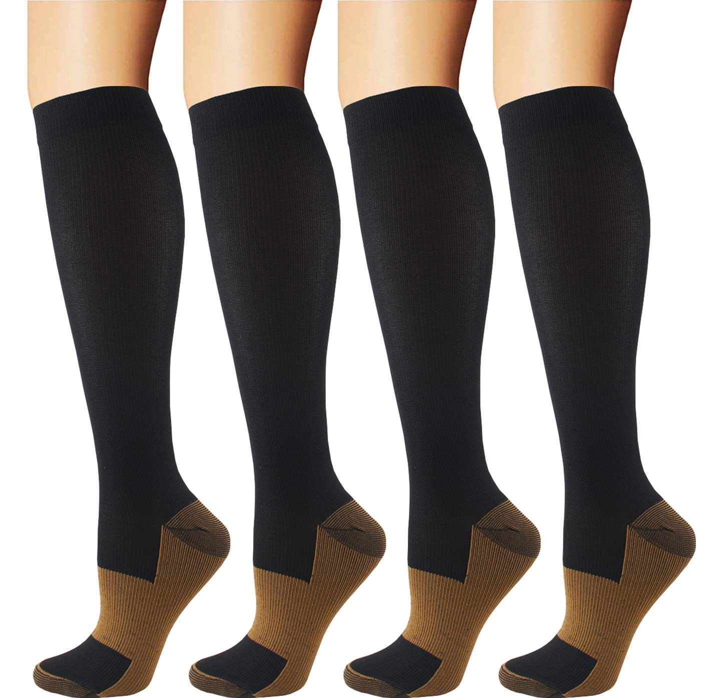 Woaysun 4 Pairs Copper Compression Socks for Men & Women 15-20 mmHg Medical Graduated Compression Stockings for Sports Running Plantar Fasciitis Nurses Shin Splints Diabetic