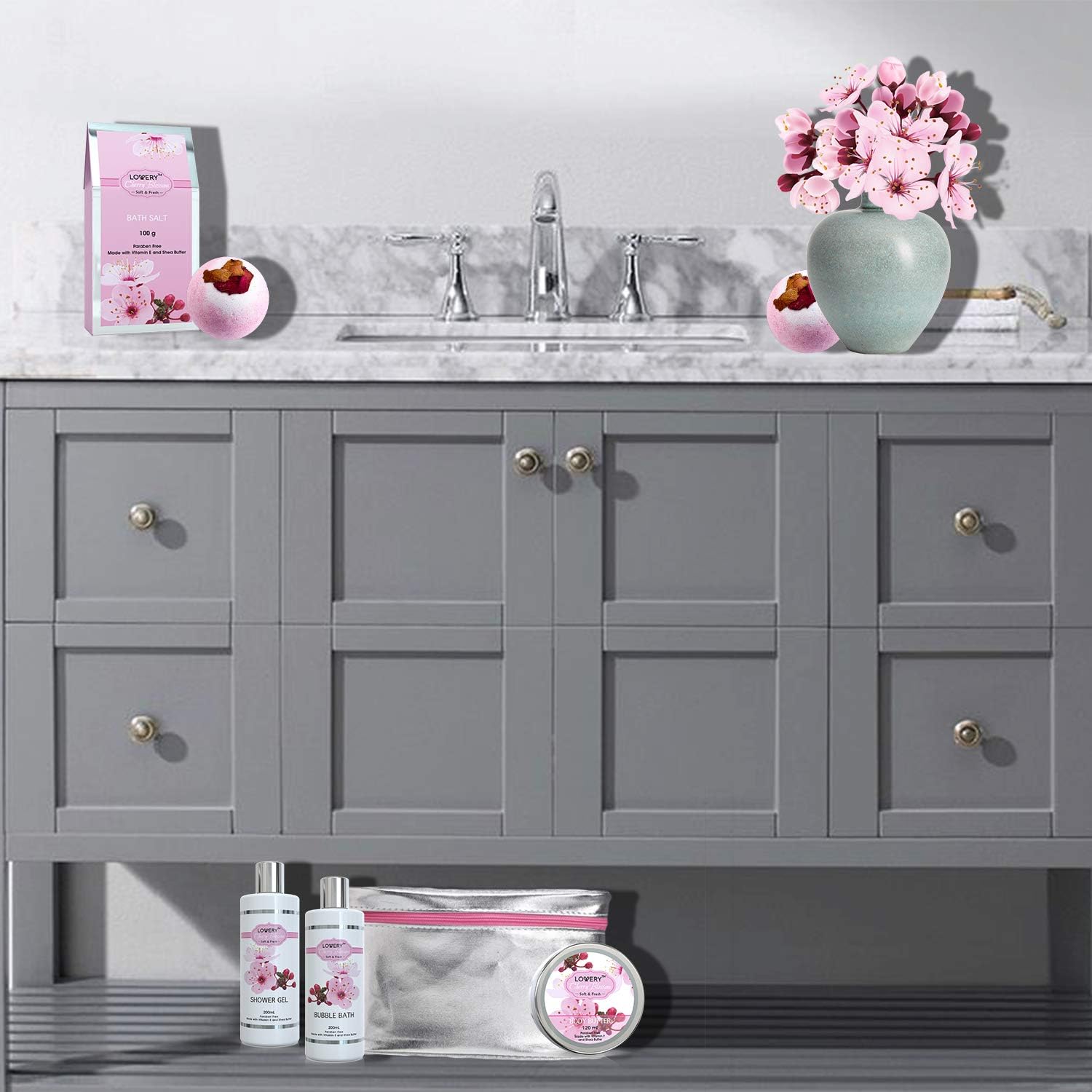 Bath and Body Spa Gift Basket Set for Women – Cherry Blossom Home Spa Set with Fragrant Lotions, 2 Extra Large Bath Bombs, Mirror and Silver Reusable Travel Cosmetics Bag and More: Health & Personal Care