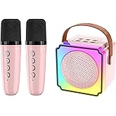 Kids Karaoke Machine, Portable Bluetooth Karaoke Speaker with 2 Wireless Microphone and Lights, Karaoke Toys Gifts for Girls Ages 3-12 +Year Old Birthday Family Home Party (Pink)