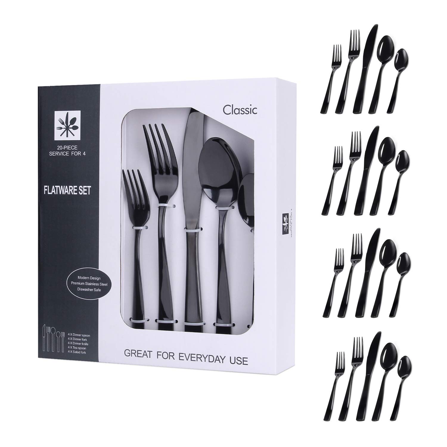 Black Silverware Set, 20-Piece Stainless Steel Flatware set, Tableware Cutlery Set Service for 4,Utensils for Kitchens, Dishwasher Safe, Gift Box Package