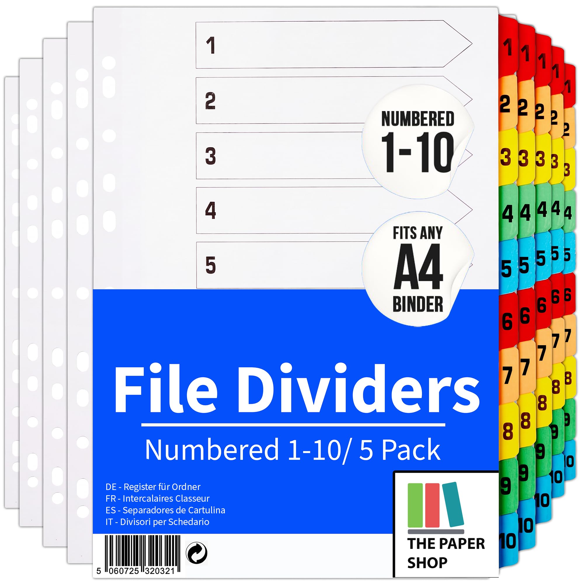 File Dividers A4, 10 Part Folder Dividers for Ring Binders & Lever Arch Files, Binder & Subject Dividers (5 Pack)