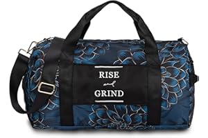 GOMOYO Gym Bag for Women with Shoe Compartment and Wet Pocket | Durable Lightweight Gym Duffle Bag with Motivational Quote and Graphic Designs | Great for Exercise and Overnights | Teal/Black - Dahlia Flower