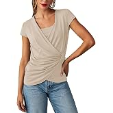 PRETTODAY Women's V Neck Wrap Tops Short Sleeve Ruched Crossover T Shirt Casual Solid Loose Blouse