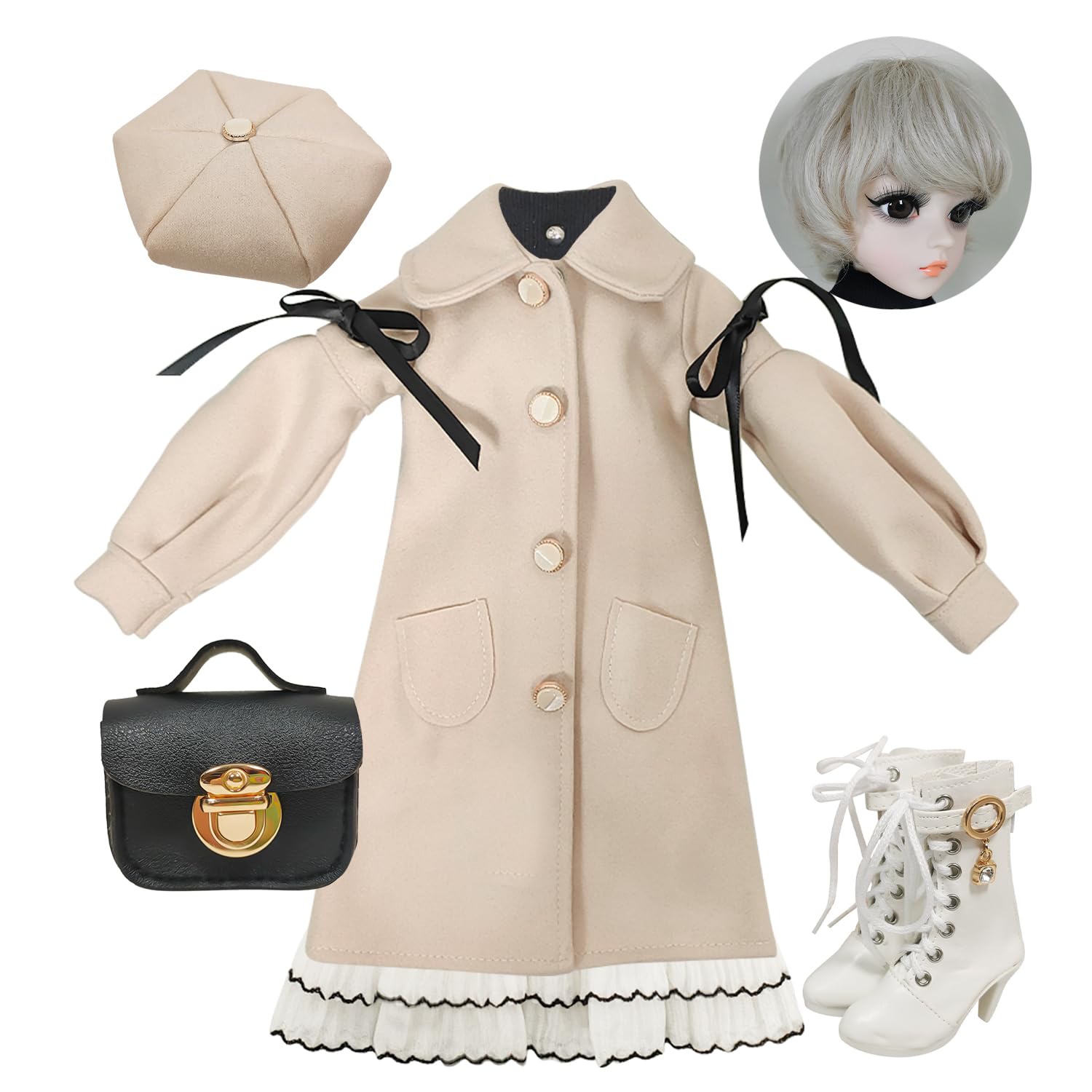 Proudoll 1/3 BJD Doll Clothes Outfit Set - Handcrafted Stylish Beige Coat, Beret, Dress, Wig, Leather Bag and Boots, Compatible with 1/3 60cm 24in SD Dolls