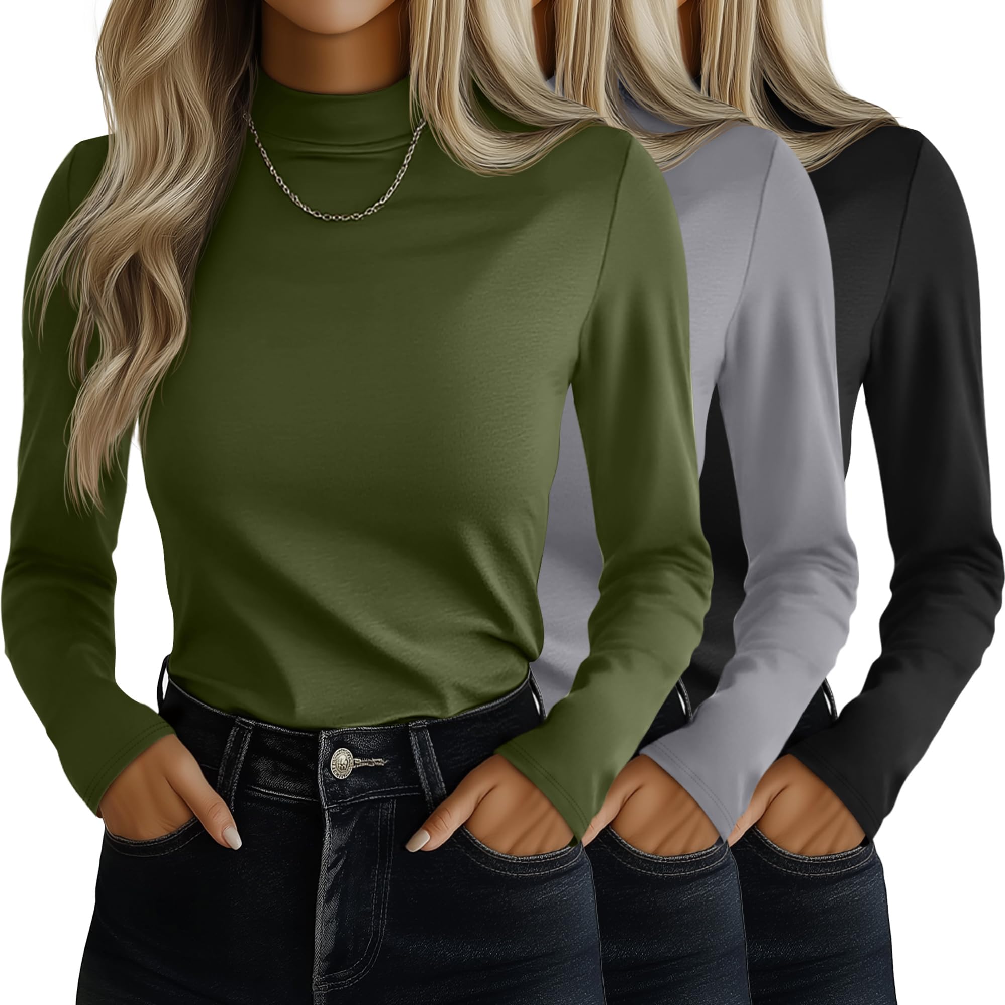 Photo 1 of Ficerd 3 Pack Women's Mock Turtleneck Shirts, Long Sleeve Mock Neck Pullover Tops Slim Fitted Stretch Undershirt Tee Blouse(Black, Army Green, Light Gray,Large)