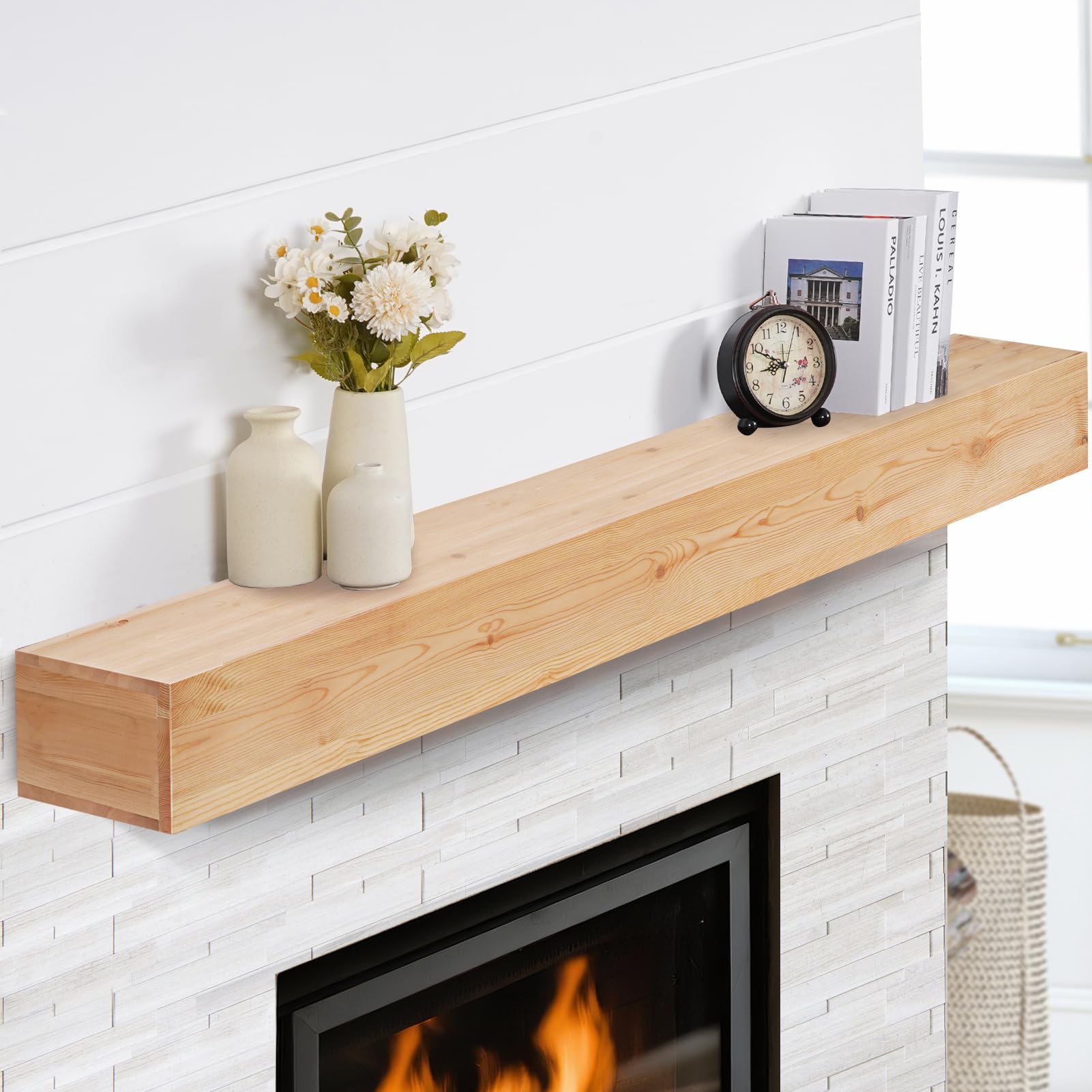 Photo 1 of *****************NEEDS REPAIR. THE FRONT PANEL HAVE COMPLETELY COME OFF AND NEEDS TO BE REATTACHED************** 
TECANA Fireplace Mantel 72 Inches - Rustic Floating Mantel Shelf - Solid Wood Mantel with Invisible Support Bracket - Wall Mantel Shelf for F