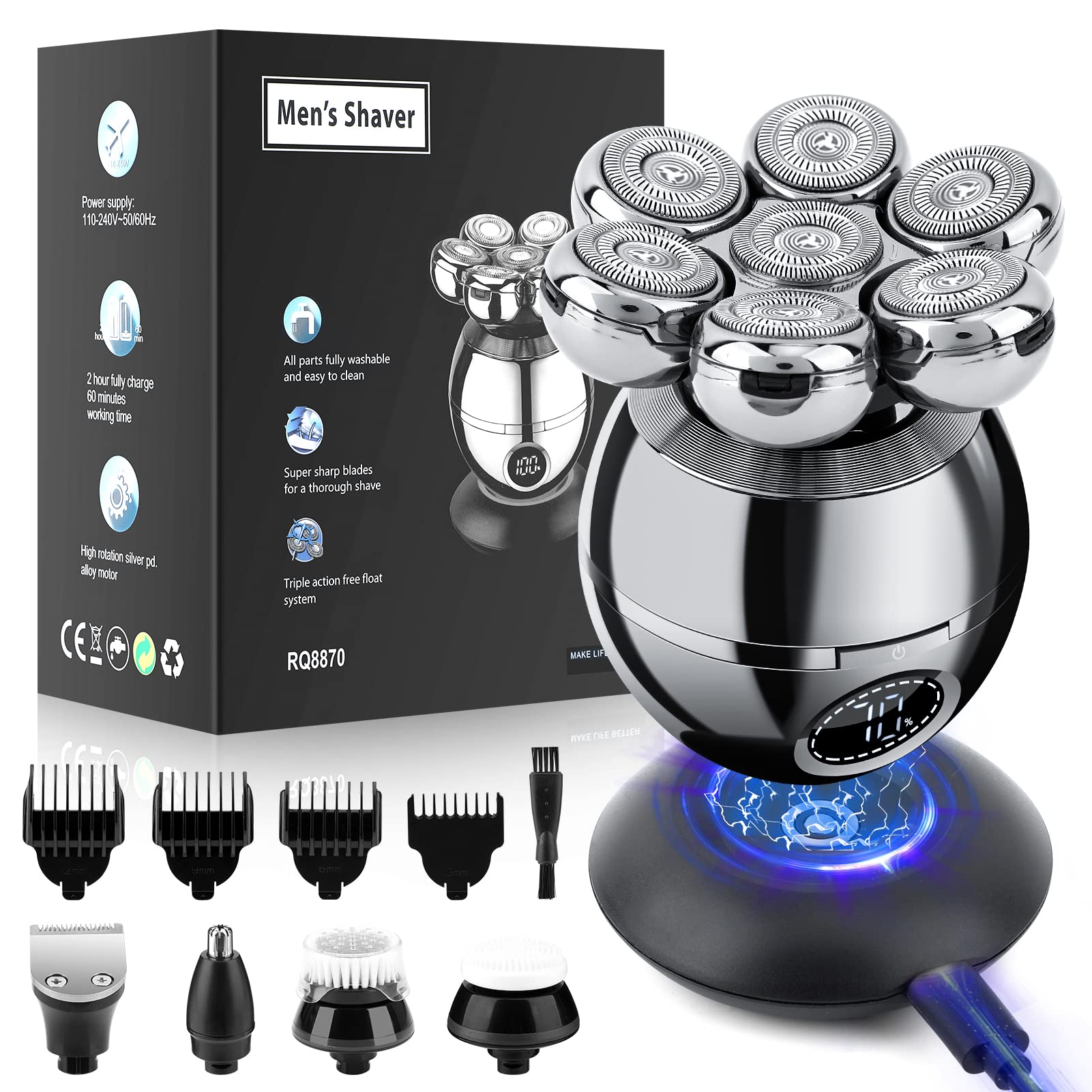 Head Shavers for Bald Men, CestMall 6 in 1 Electric Razor Wet Dry Cordless Electric Skull Shavers 7D Floating Rechargeable Bald Head Shaver Electrics Head and Face Shaver Rechargeable Head Shavers