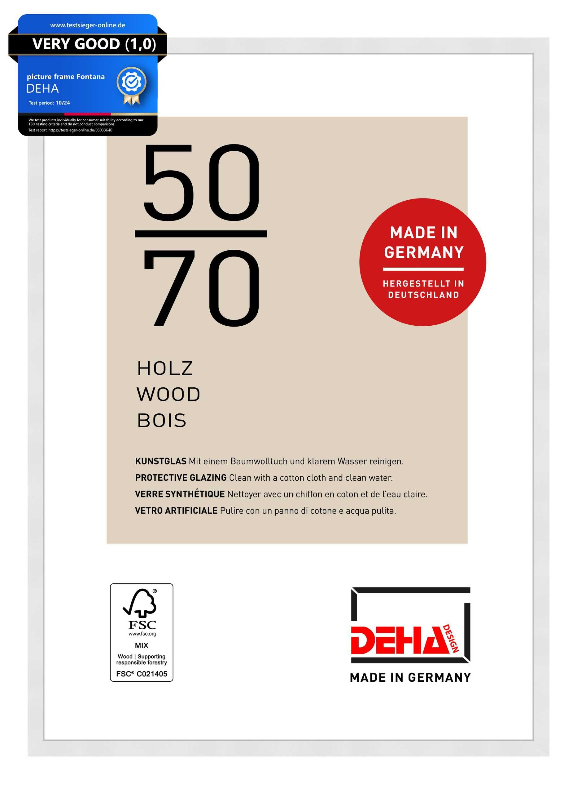 DEHA Design Fontana Wooden Picture Frame - 50x70 cm – White - with Synthetic Glass and Push/Turn Clips