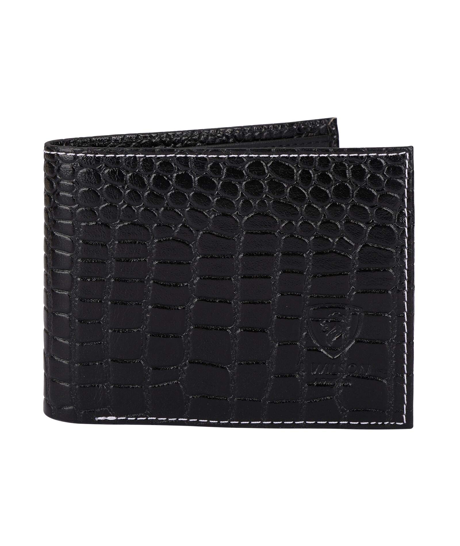 Designer J Wilson Real Genuine Mens Leather Wallet Crocodile Look with Gift Box (Full Black)