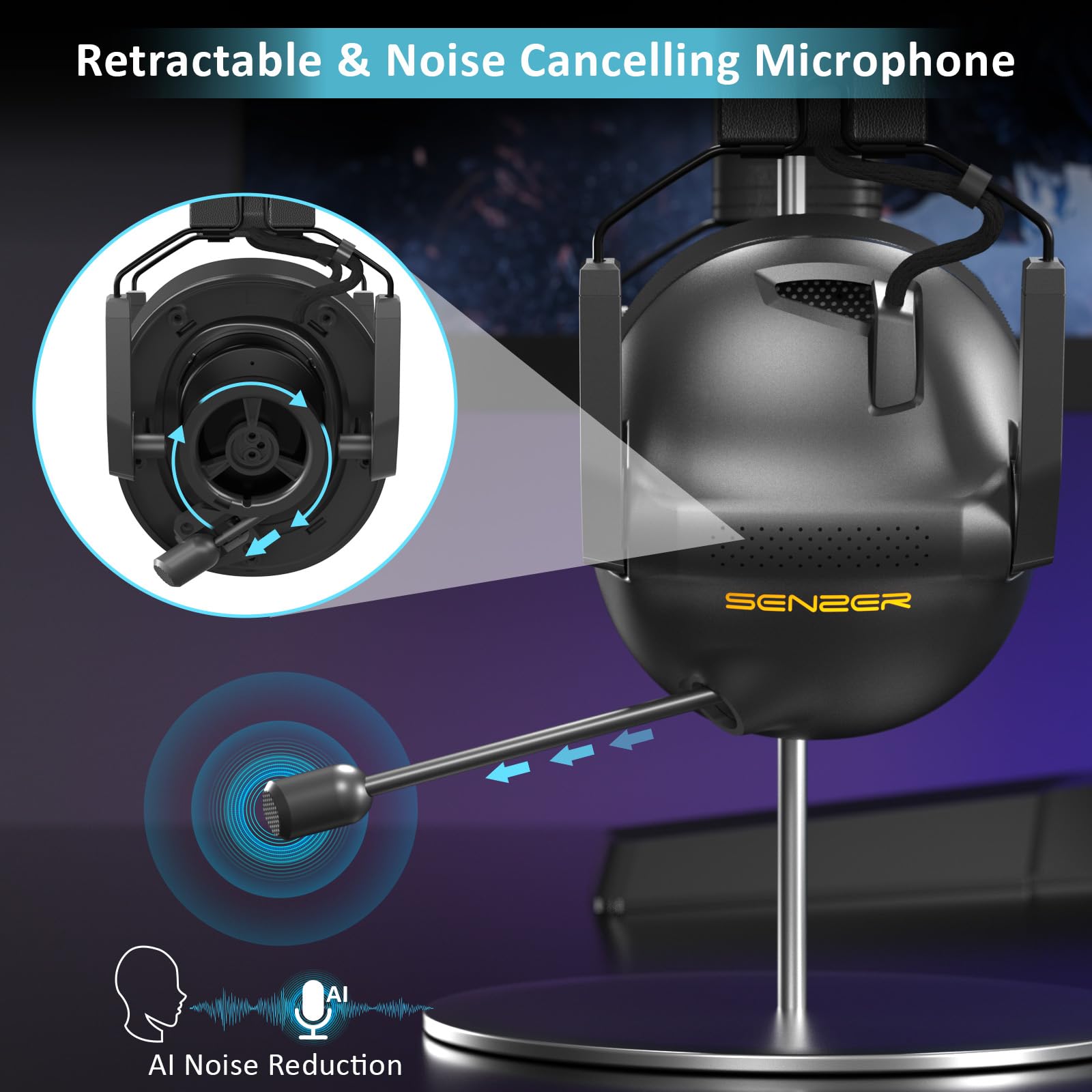 SENZER SG600 Wireless Gaming Headset with Microphone - 7.1 Surround Sound, Noise Canceling Mic, 2.4GHz Wireless & Bluetooth 5.3 - Foldable Gaming Headphones for PC PS5 PS4 (Not Xbox Compatible)