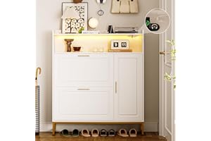 MAUPVIT Shoe Storage Cabinet with 2 Flip Drawers & Side Cabinet Entryway Narrow Shoe Rack with Metal Legs Freestanding Shoe Rack Organizer with LED Light and Charging Station for Entryway,Foyer,Hallway,White