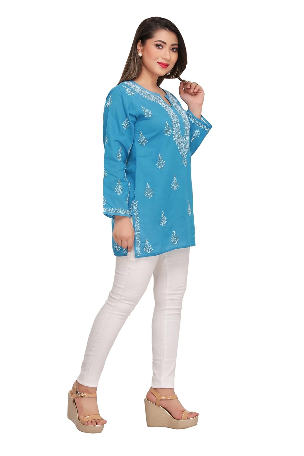 ada lucknow chikankari hand embroidered women's cotton short top a210673