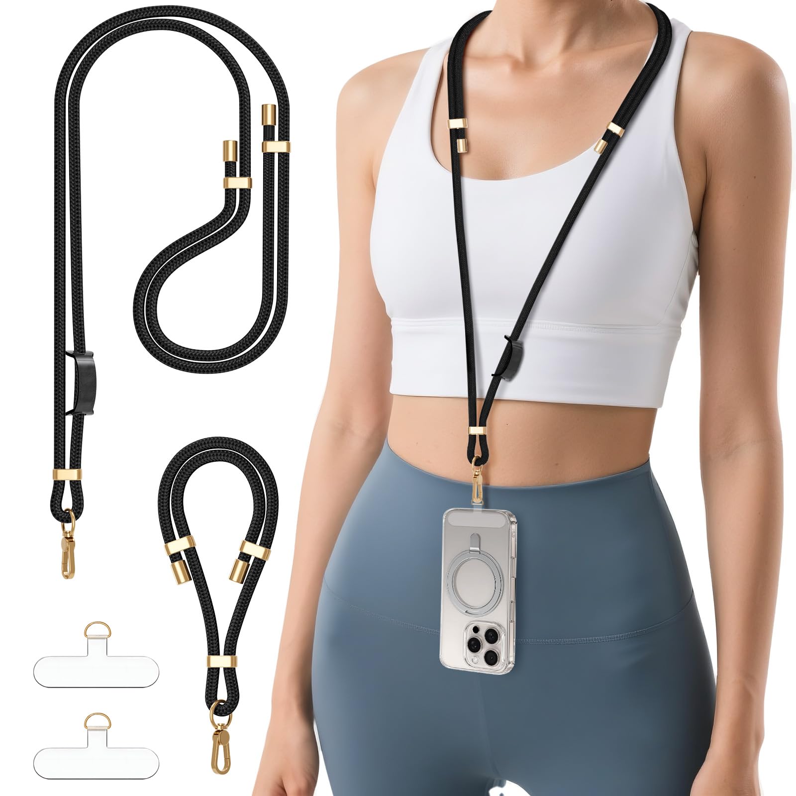 Photo 1 of Lucforeen 4-IN-1 Phone Lanyard + Wrist Strap Kit with 2 Pack Tabs, Universal Adjustable Phone Strap Crossbody, Anti-Theft Neck Lanyard for iPhone 16 Pro Max and Most Smartphones, Black