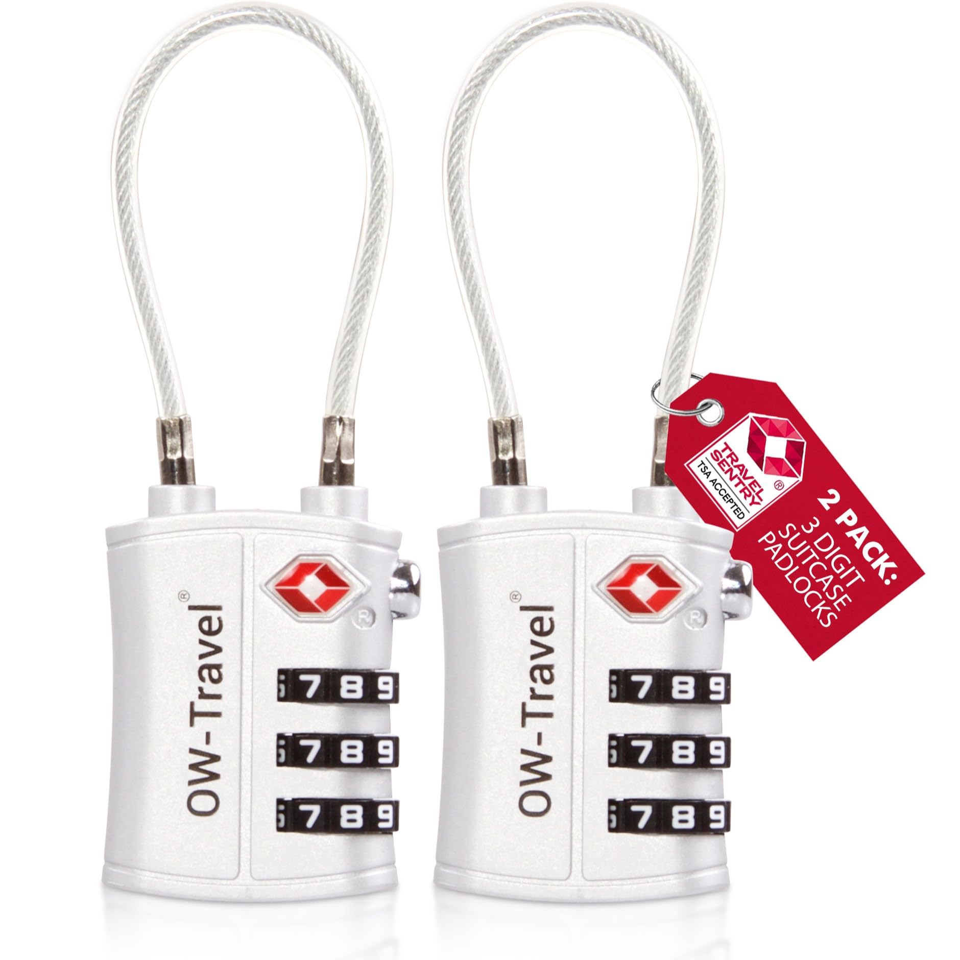 OW-Travel TSA Approved Luggage Locks Suitcase Locks (2 Pack Silver) 3 Digit Flexible Cable Suitcase Padlock. Travel Bag Combination Luggage Padlocks for Suitcases. TSA Travel Lock for Bags and Cases