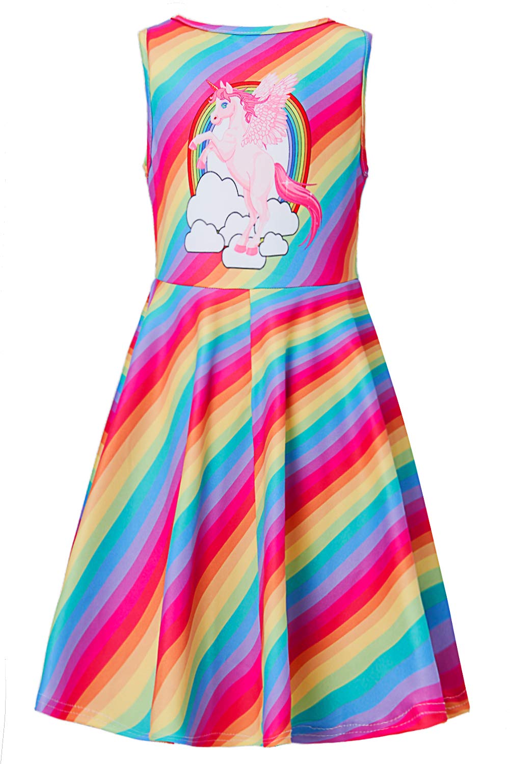 TUONROAD Big Girls A-Line Dress Round Neck Sleeveless Basic Dress Giddy Rainbow for Playwear School Vacation 4 5 Years(Giddy Stripe,S)