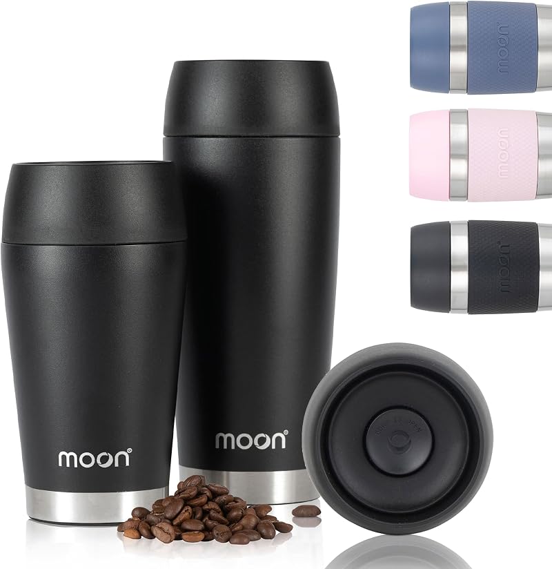 Moon 360° Travel Mugs Leakproof Insulated Stainless Steel 450ml Black