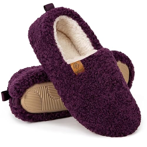 EverFoams Women’s Soft Curly Full Slippers Memory Foam Lightweight House Shoes Cozy Loafer with Polar Fleece Lining Dark Aubergine,5-6 US