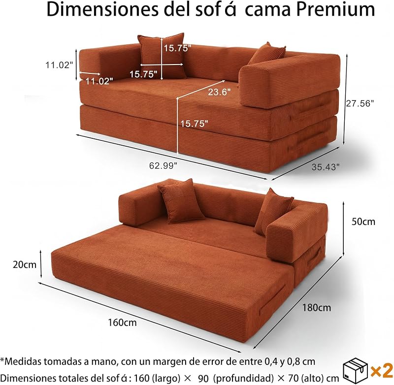 Sofá-cama de 2 lugares de 160 cm com espuma e molas para sala de estar, laranja