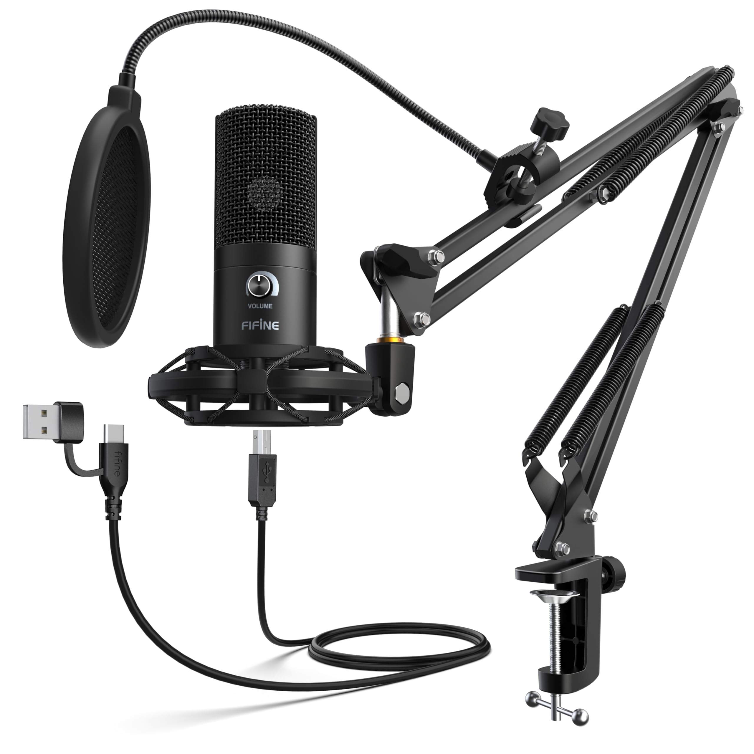 FIFINE USB Microphone Kit Condenser Studio Microphone for Computer, PC Mic with Adjustable Scissor Boom Arm Stand Shock Mount Volume Control for Gaming,Streaming,Podcast,Recording Vocal,YouTube-T669 — image 1
