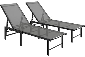 Outsunny Outdoor Lounge Chair Set of 2, 5-Position Adjustable Outdoor Chaise Lounge, Breathable Mesh Tanning Chair with Steel