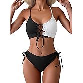 B2prity Women's Sexy Bikini Set Two Piece Swimsuit Color Block Tie Front Bathing Suit Supportive High Waisted Swimwear