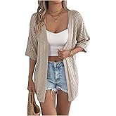 OYOANGLE Women's Short Sleeve Crochet Cardigan Sweater Lightweight Open Front Boho Kimono Outerwear